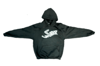 a black hoodie with a white logo on it